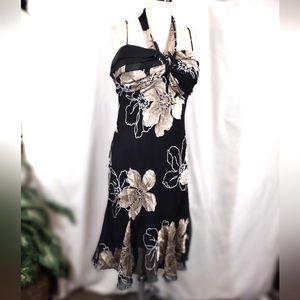 S.L. Fashions MIDI Dress Halter & Removable Straps Black/Gold floral,10-12